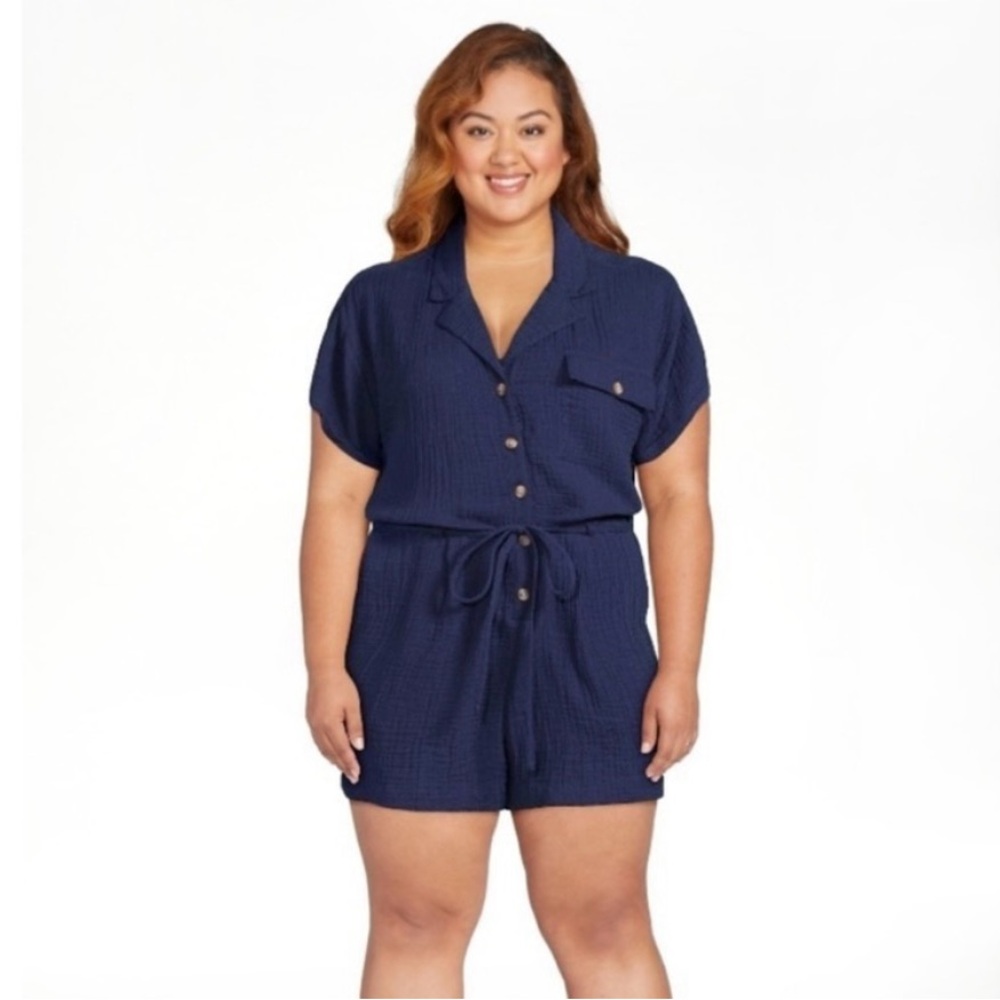 BEACHLUNCHLOUNGE NWT BBQ Beach Vacation Navy 2 Pocket Belt Cotton Romper XXXL